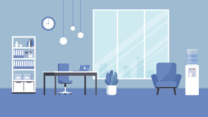 Blue office room. Workplace. Background. 