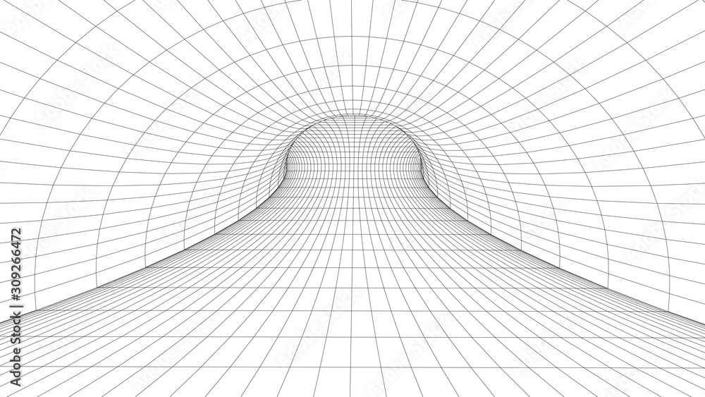Poster vortex. vector perspective curved grid. wireframe abstract tunnel. 3d vector wormhole with a mesh st