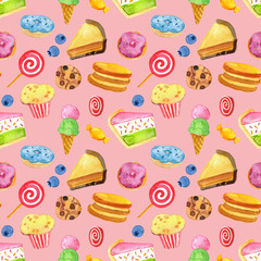 Watercolor hand painted cute sweet desserts seamless pattern - wallpaper, wrapping paper