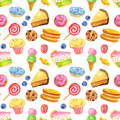 Watercolor hand painted cute sweet desserts seamless pattern - wallpaper, wrapping paper