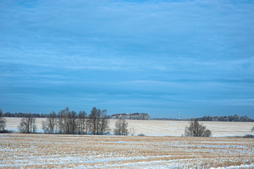 Fototapeta na wymiar Winter field covered in snow. Russia, Moscow region