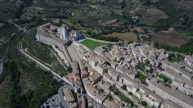 Drone view of Assisi village in Italy