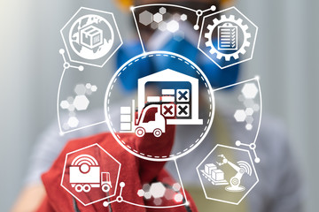 Smart Warehouse Forklift Business Industry Distribution Concept. Storehouse IOT Automation...