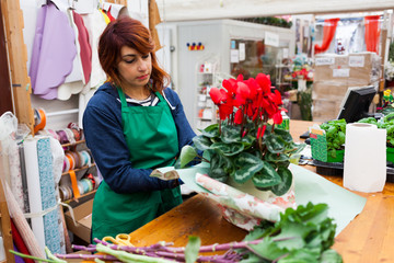 Young florist with red hair works in a nursery.