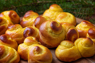 Close-up of Swedish traditional christmas bun  Lussebullar