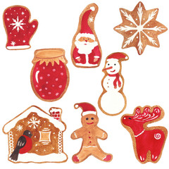 Christmas set of gingerbread cookies with the image of a snowflake, Santa Claus, deer, mittens, a house, mittens, cans and a snowman.