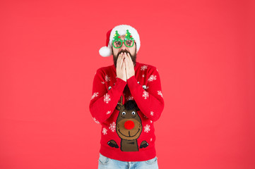 happy new year. funny hipster knitted sweater. warm clothes for cold weather. winter holiday...