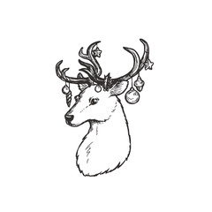 Vector vintage illustration with deer of Santa Claus isolated on white in engraving style. Cute animal with Christmas decorations. New Year sketch