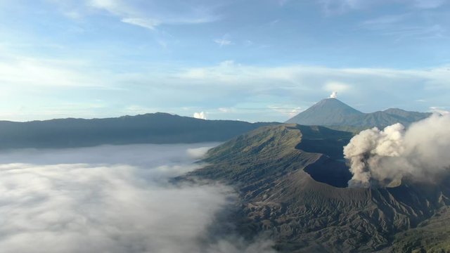 Panoramic shot of Mount Bromo active volcano crater in East Java, Indonesia.