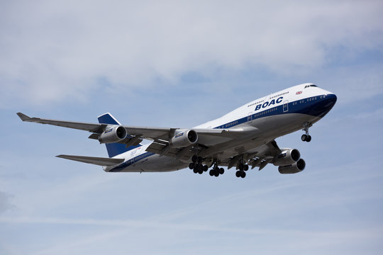 Chicago, USA - May 5, 2019: A British Airways Boeing 747 landing at O'Hare International Airport. British Airways takes a step back in time to welcome Boeing 747-400 with the BOAC livery.