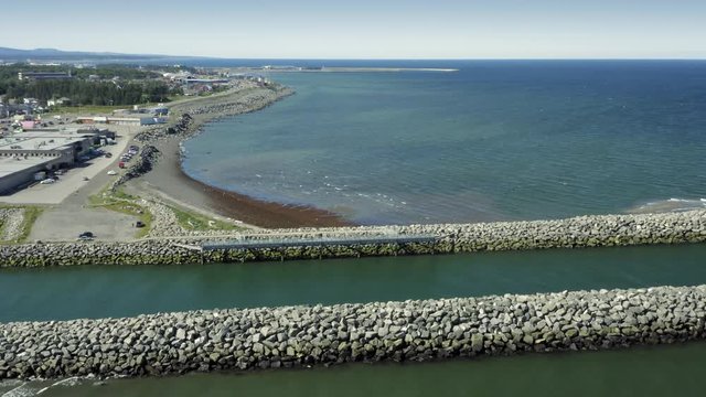 Aerial: St Lawrence River and the town of Matane, situated on the Gasp&eacute; Peninsula in Quebec, Canada,