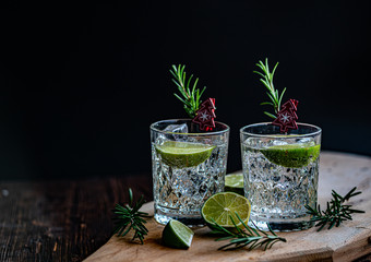 Ideas of winter drinks from gin and tonic for the new year. A bottle of gin and water tonic on a wooden table - 309272607