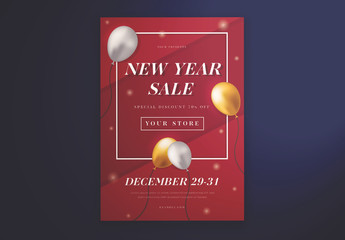 New Year's Sale Flyer Layout with Metallic Balloon Illustrations