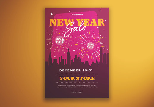 New Year's Sale Flyer Layout with Fireworks and Cityscape Illustrations