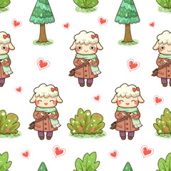 Cute sheep, tree, bush grass and little red heart seamless pattern, kawaii character cartoon, White background, vector illustrations.