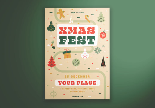 Christmas Event Flyer Layout with Tree and Ornament Illustrations