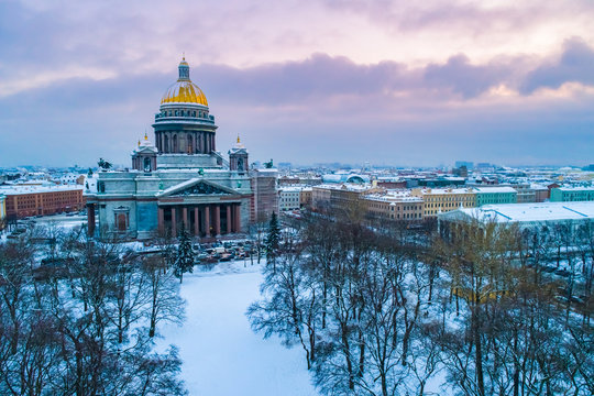 Saint Petersburg. Russia. St. Isaac's Cathedral view from the drone. Snow in Russia. Center winter St. Petersburg. Orthodox. Isakievsky sobo in the winter. Guide to Russia. Attractions Petersburg.