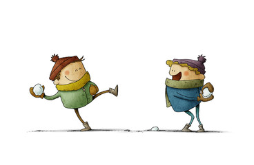 kids with gloves and coat are playing throwing snowballs. isolated