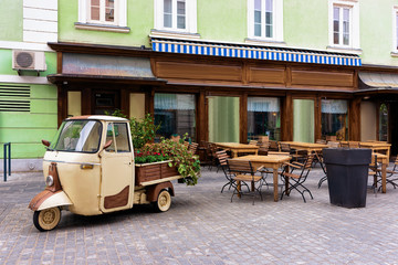 Cityscape with street cafes at Celje old town in Slovenia