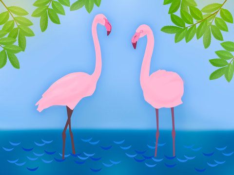 Drawing. Two flamingos in a pond under green trees.