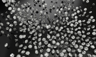 Diamonds on black background with reflect on surface. 3D Rendering.