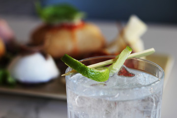 detail of gin tonic with lemon and a tray of typical Napolitan snacks such as buffalo mozzarella, savory puff pastry, black pig salami from Caserta, ham and cheese - 309275478