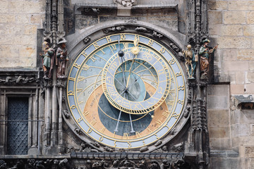 Astronomical Clock Orloj closeup in Czech Republic, Europe. Vintage style. Prague clock tower detail. Clock Prague on Old Town Hall. Town Hall Church of Our Lady before Tyn in Prague, Czech Republic