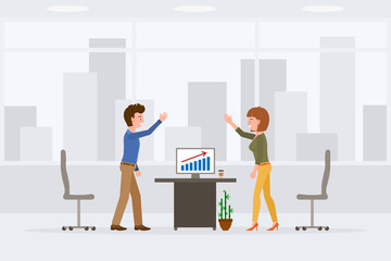 Happy man and woman indoor working place vector illustration. Workers giving high five, successful report, smiling, hands up male and female cartoon character set on cityscape background