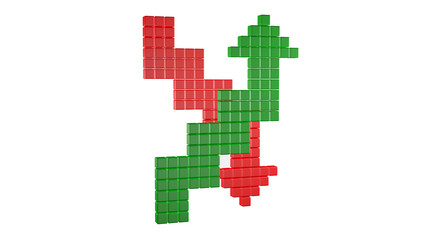 3D rendering green rising arrow and red falling arrow made of cubes with smooth edges