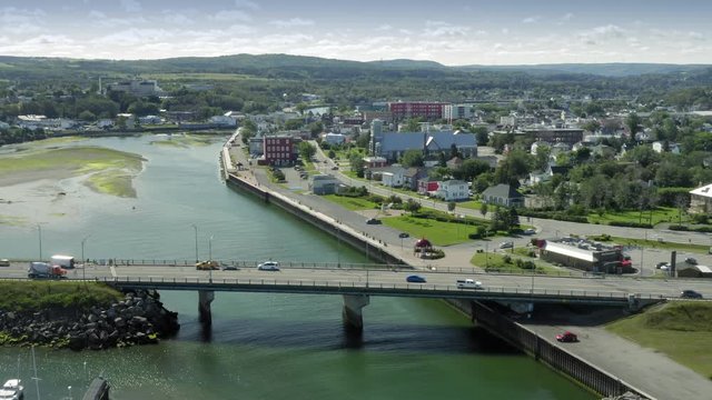 Aerial: St Lawrence River and the town of Matane, situated on the Gasp&eacute; Peninsula in Quebec, Canada,