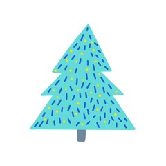 Christmas tree on a white background. Bright illustration of a blue Christmas tree with dark blue needles and yellow lights. Isolated object for your holiday design.