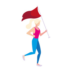 woman with flag waving on a stick on white background