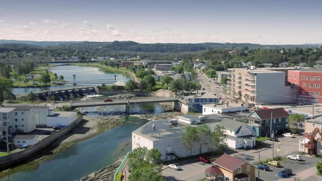 Aerial: St Lawrence River and the town of Matane, situated on the Gasp&eacute; Peninsula in Quebec, Canada,