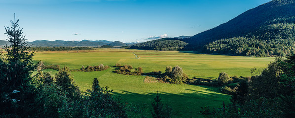 Obraz premium Panorama view of lake Cerknica (Cerknisko Jezero) in Slovenia. Intermittent lake, the biggest karst phenomena of this kind in Slovenia. Dissappearing lake in karst area of Cerknica, Slovenia.