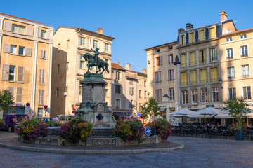 Fototapeta na wymiar Fontain and equestrian statue of Rene II Duke of Lorraine on Place Saint Epvre in Nancy, France