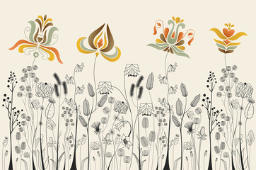 Flowers background. Unique flowers and herbs illustration.