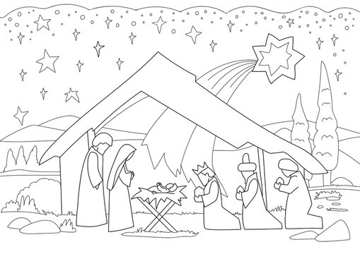 A Christmas nativity coloring scene cartoon, with baby Jesus, Mary and Joseph in the manger and guiding star above.