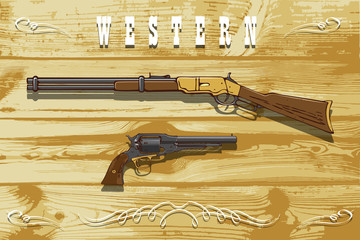 vector image of a rifle and revolver from the times of the Indian Wars in America against the background of a wooden wall with the inscription zapad in the style of hyper realism