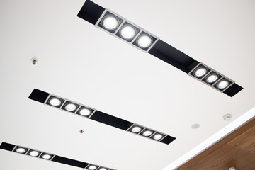 Shopping center led lighting. Ceiling lights in the mall. Ventilation and fire alarm system....