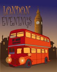 vector image of a Rutmaster double-decker bus against a London background in the evening in a comic book style.
