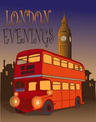Foto op Canvas vector image of a Rutmaster double-decker bus against a London background in the evening in a comic book style. © Олег Резник