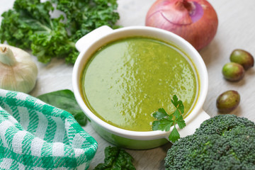 top view of vegetable broth dish, mash or cream