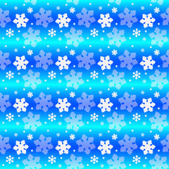 Snowflakes on striped blue background with gradient - seamless pattern. Background with horizontal stripes and snowflakes. Seamless vector background - it is snowing.