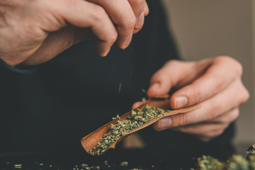 Close up marijuana joint with lighter. Man rolling marijuana cannabis blunt. Man rolling a...