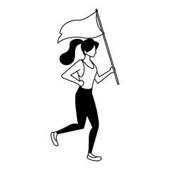 woman with flag waving on a stick on white background