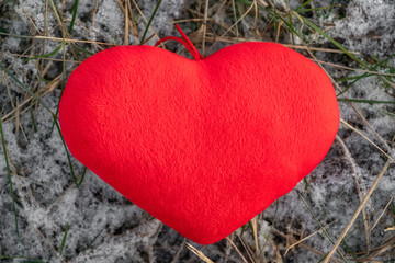 Red heart lies on orange-green grass on snow, close up