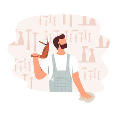 Front view of hardware store with abstract background. Repairman in a hardware shop. Flat vector illustration.