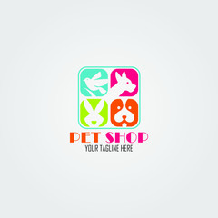 Obraz premium Vector logo design template for pet shops, veterinary clinics and homeless animals shelters - flat icons of dogs, rabbit, and bird - badges for websites and prints.