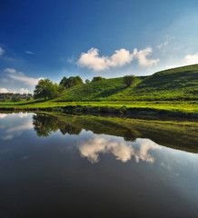 spring morning. dawn in the valley of a picturesque river