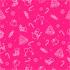 The Christmas icons on a pink background. Glasses, gifts, mouse, snowflakes, Christmas tree. Seamless pattern.